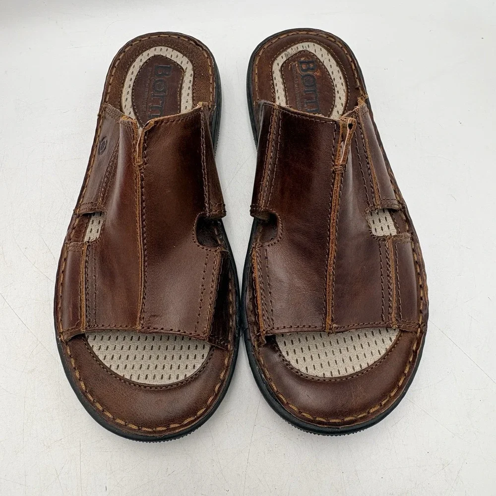 Born Mens 10M Brown Leather Slide Sandals Comfort Open Toe Casual Slip On